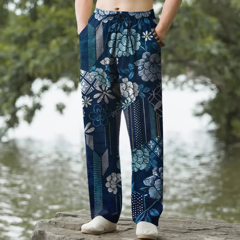 Nimara Ritual Cotton Bohemian Floral Patchwork Pattern Men's Tapered Pants With Pockets
