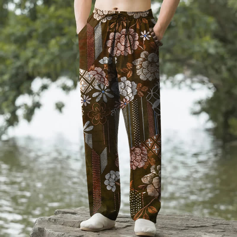 Nimara Ritual Cotton Bohemian Floral Patchwork Pattern Men's Tapered Pants With Pockets