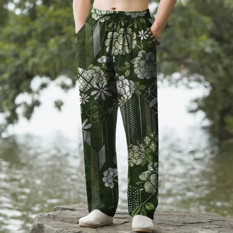 Nimara Ritual Cotton Bohemian Floral Patchwork Pattern Men's Tapered Pants With Pockets