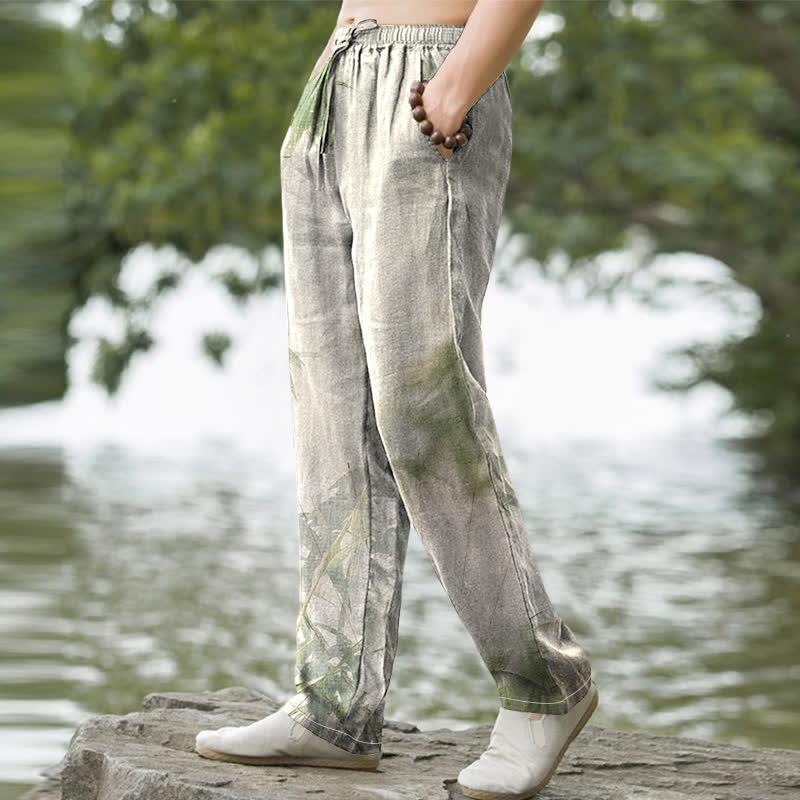 Nimara Ritual Cotton Washed Bamboo Pattern Men's Tapered Pants With Pockets