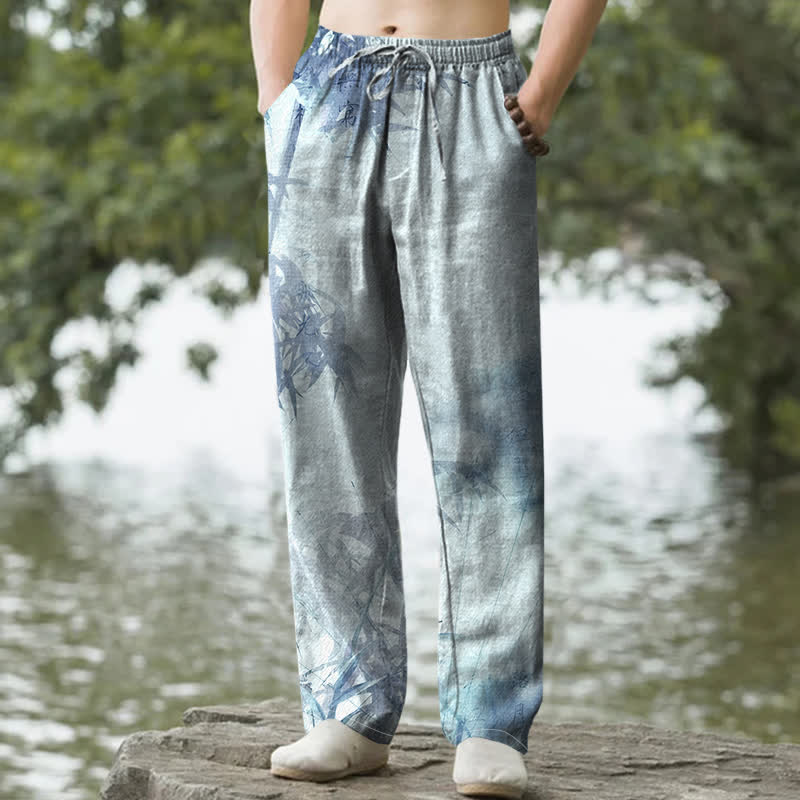 Nimara Ritual Cotton Washed Bamboo Pattern Men's Tapered Pants With Pockets