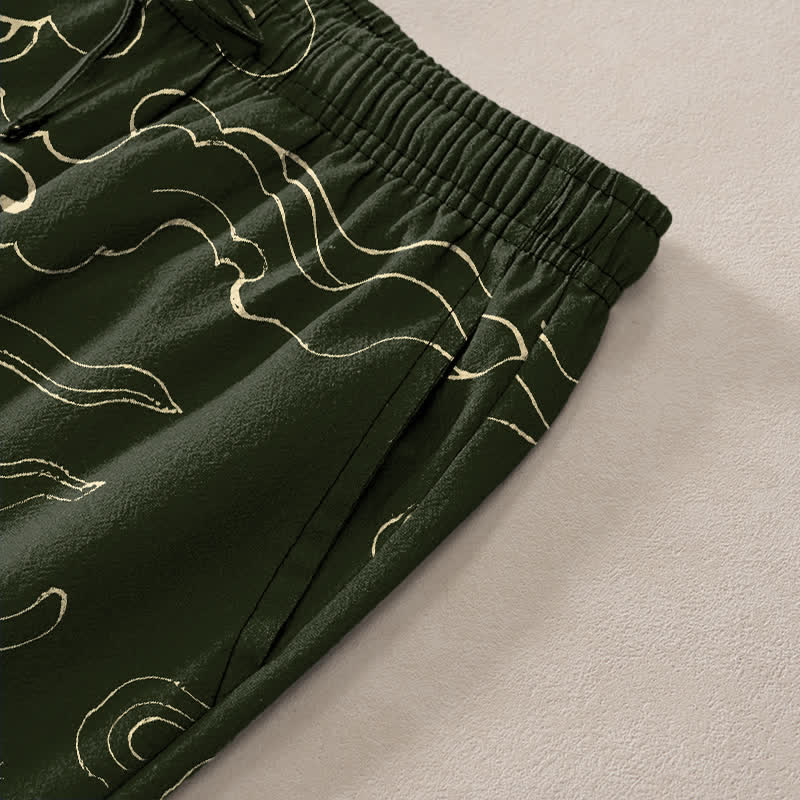 Nimara Ritual Cotton Flying Dragon Chasing The Sun Pattern Men's Tapered Pants With Pockets