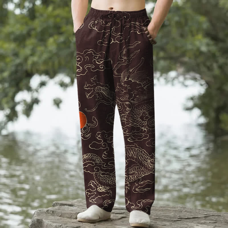 Nimara Ritual Cotton Flying Dragon Chasing The Sun Pattern Men's Tapered Pants With Pockets