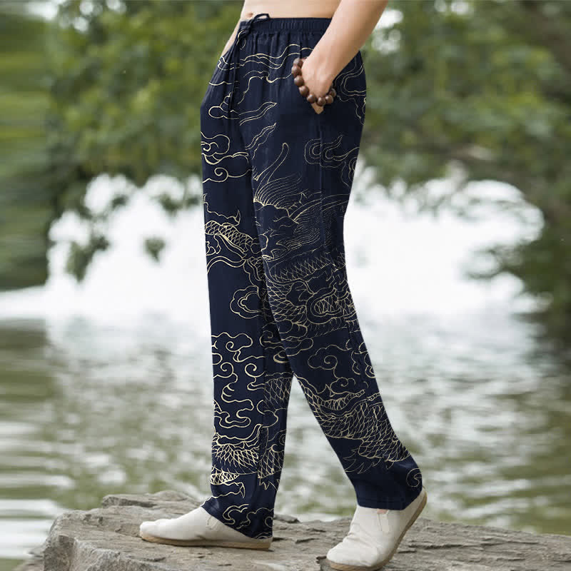 Nimara Ritual Cotton Flying Dragon Chasing The Sun Pattern Men's Tapered Pants With Pockets