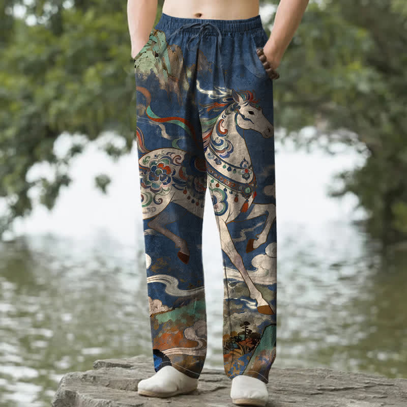 Nimara Ritual Cotton Vintage Colorful Horse Galloping Pattern Men's Tapered Pants With Pockets