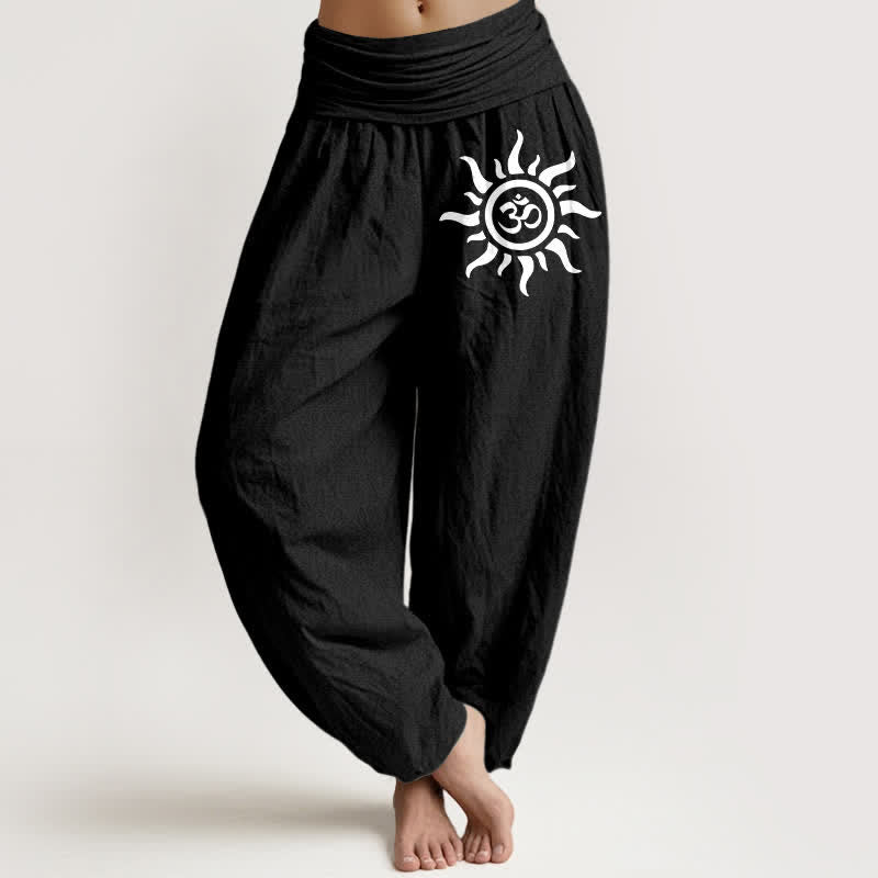 Nimara Ritual Pure Cotton Sun Om Pattern Women's Elastic Waist Harem Pants