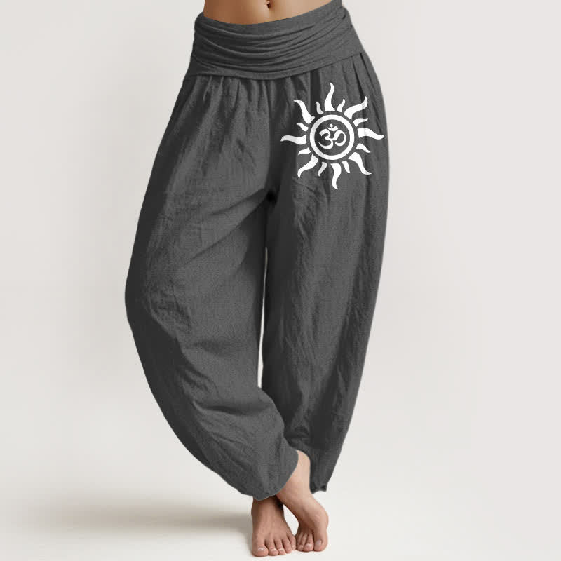 Nimara Ritual Pure Cotton Sun Om Pattern Women's Elastic Waist Harem Pants