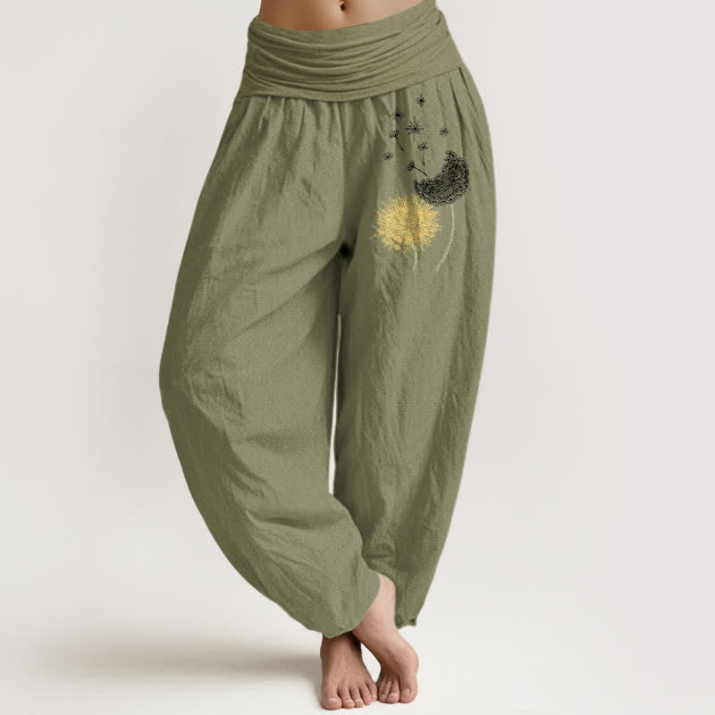 Nimara Ritual Pure Cotton Dandelion Bloom Pattern Women's Elastic Waist Harem Pants