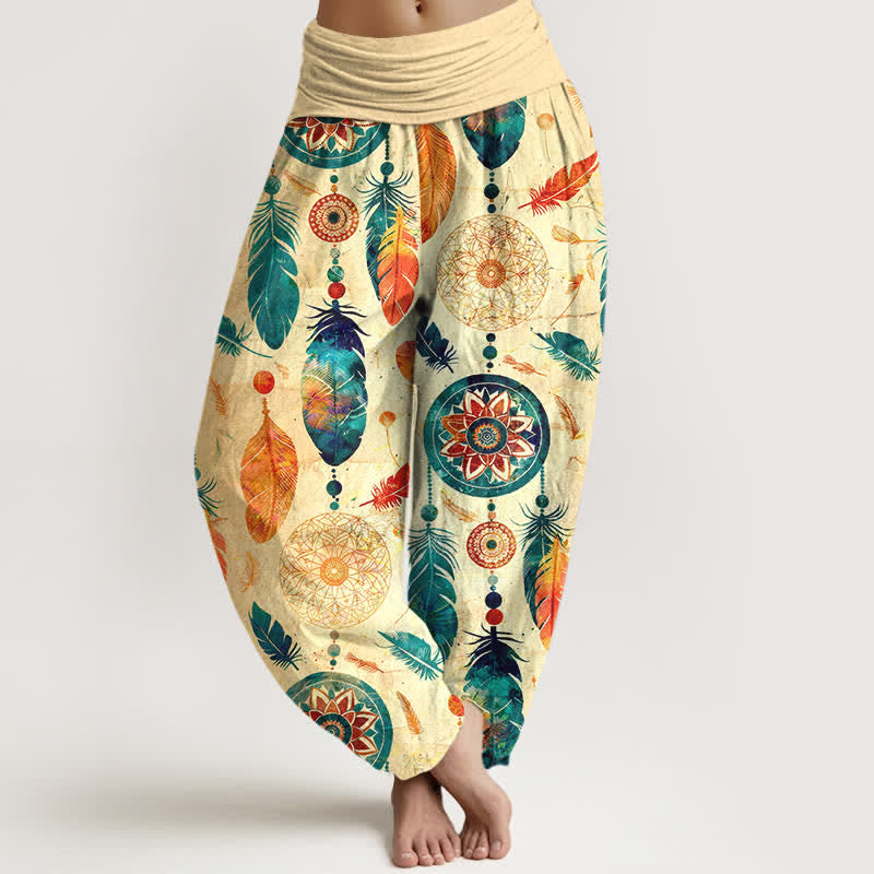 Nimara Ritual Pure Cotton Dreamcatcher Feather Pattern Women's Elastic Waist Harem Pants