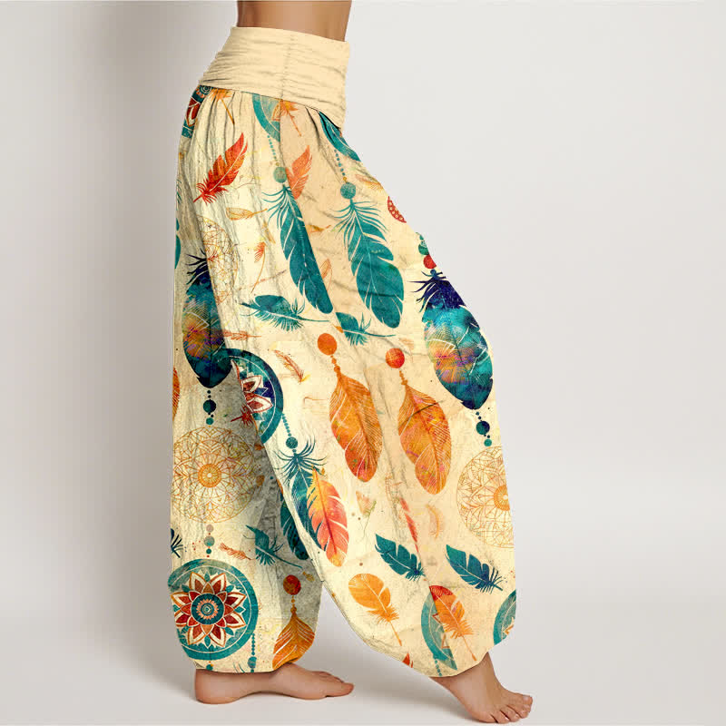 Nimara Ritual Pure Cotton Dreamcatcher Feather Pattern Women's Elastic Waist Harem Pants