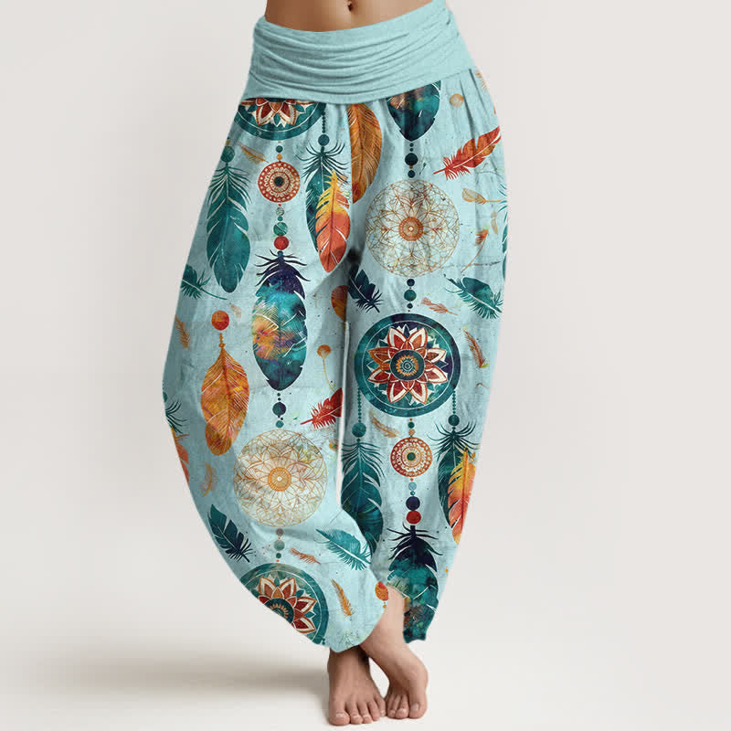 Nimara Ritual Pure Cotton Dreamcatcher Feather Pattern Women's Elastic Waist Harem Pants