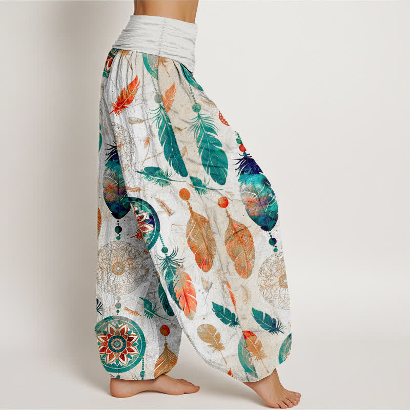 Nimara Ritual Pure Cotton Dreamcatcher Feather Pattern Women's Elastic Waist Harem Pants