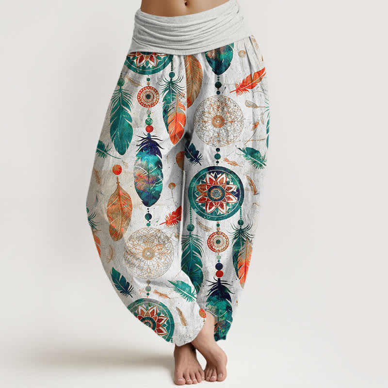 Nimara Ritual Pure Cotton Dreamcatcher Feather Pattern Women's Elastic Waist Harem Pants