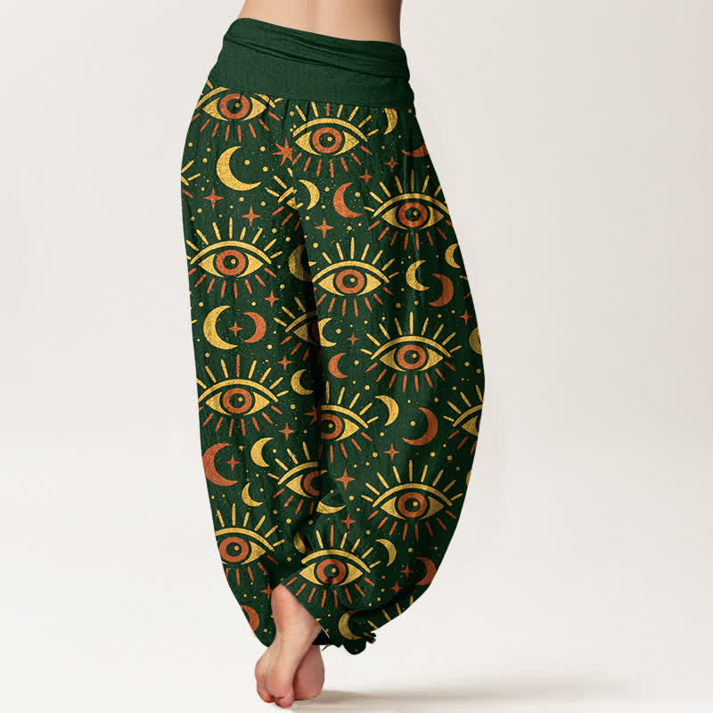 Nimara Ritual Cotton Mystic Eye Moon Pattern Women's Elastic Waist Harem Pants