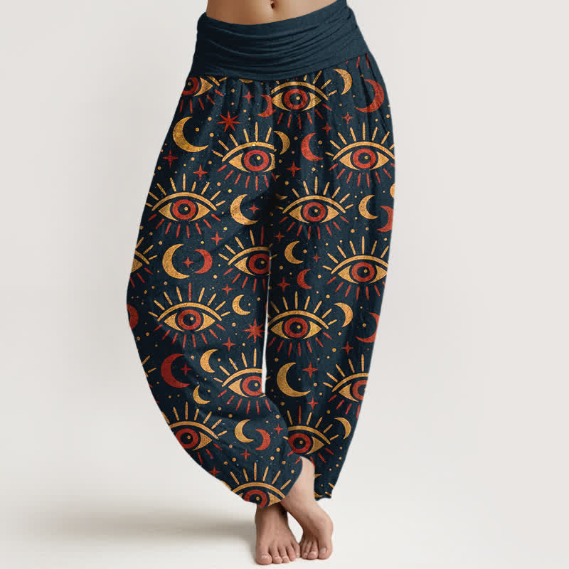 Nimara Ritual Cotton Mystic Eye Moon Pattern Women's Elastic Waist Harem Pants