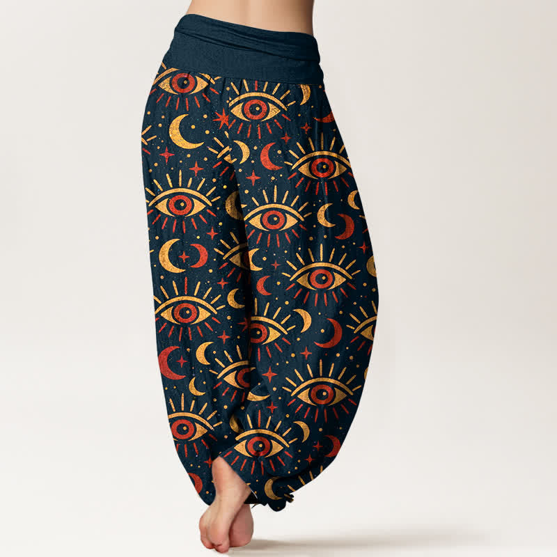 Nimara Ritual Cotton Mystic Eye Moon Pattern Women's Elastic Waist Harem Pants