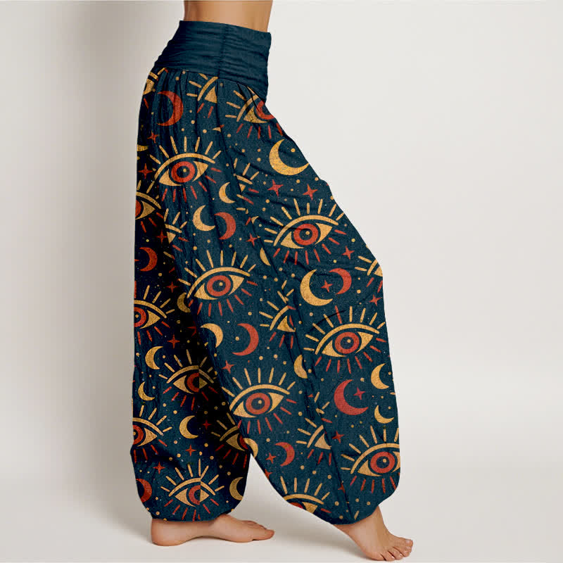 Nimara Ritual Cotton Mystic Eye Moon Pattern Women's Elastic Waist Harem Pants