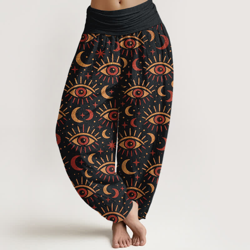 Nimara Ritual Cotton Mystic Eye Moon Pattern Women's Elastic Waist Harem Pants