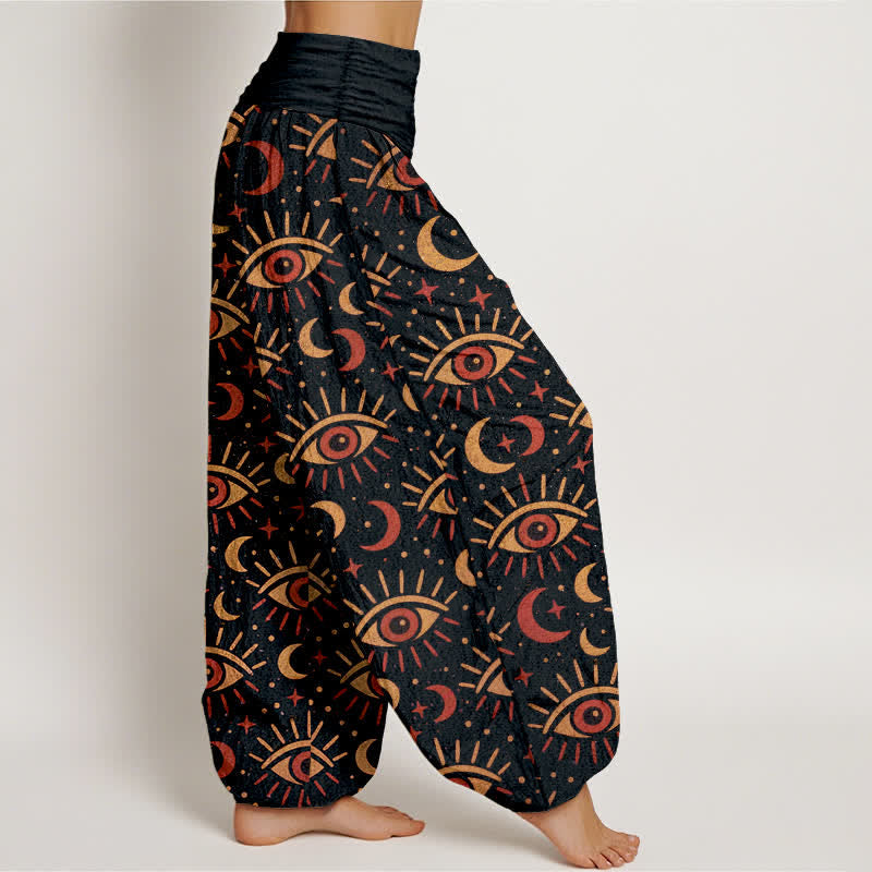 Nimara Ritual Cotton Mystic Eye Moon Pattern Women's Elastic Waist Harem Pants