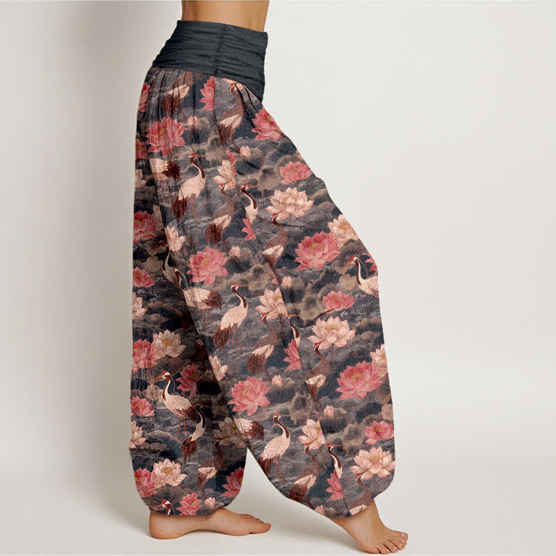 Nimara Ritual Cotton Lotus Crane Pattern Women's Elastic Waist Harem Pants