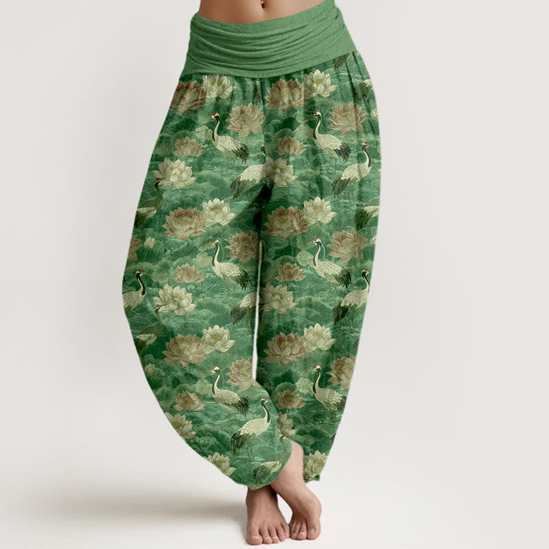 Nimara Ritual Cotton Lotus Crane Pattern Women's Elastic Waist Harem Pants