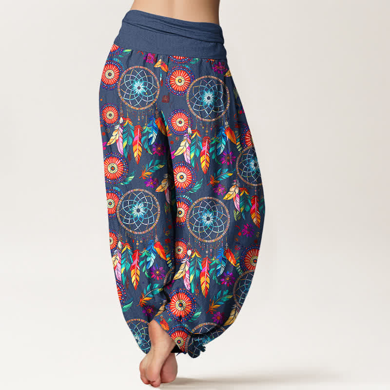 Nimara Ritual Cotton Dreamcatcher Feather Pattern Women's Elastic Waist Harem Pants