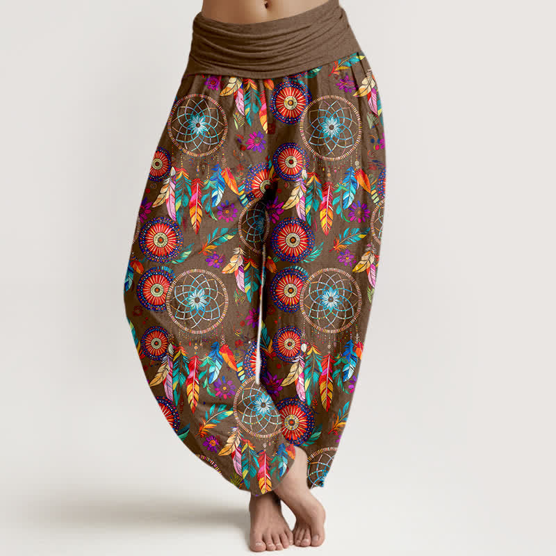 Nimara Ritual Cotton Dreamcatcher Feather Pattern Women's Elastic Waist Harem Pants