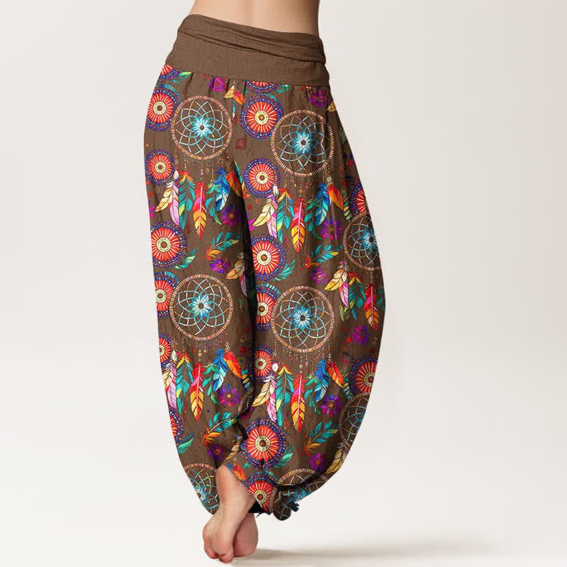 Nimara Ritual Cotton Dreamcatcher Feather Pattern Women's Elastic Waist Harem Pants