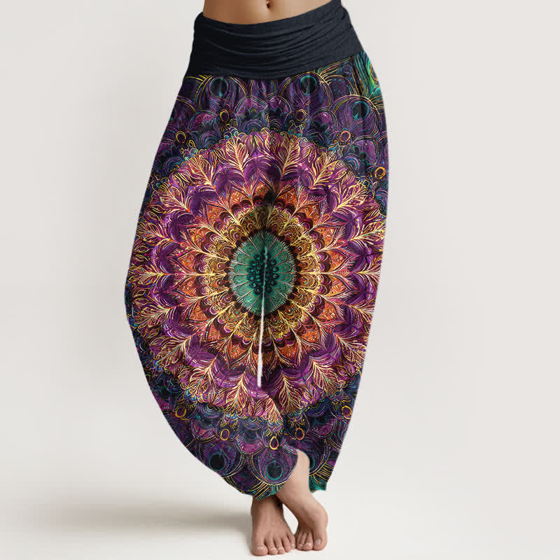 Nimara Ritual Pure Cotton Mandala Feather Pattern Women's Elastic Waist Harem Pants