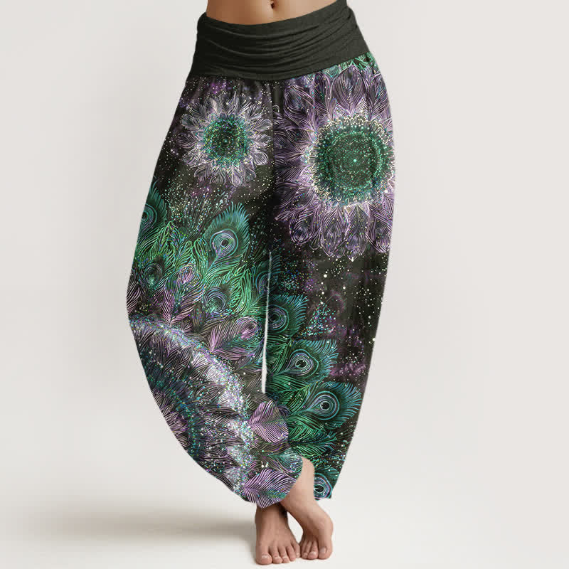 Nimara Ritual Cotton Peacock Feather Pattern Women's Elastic Waist Harem Pants