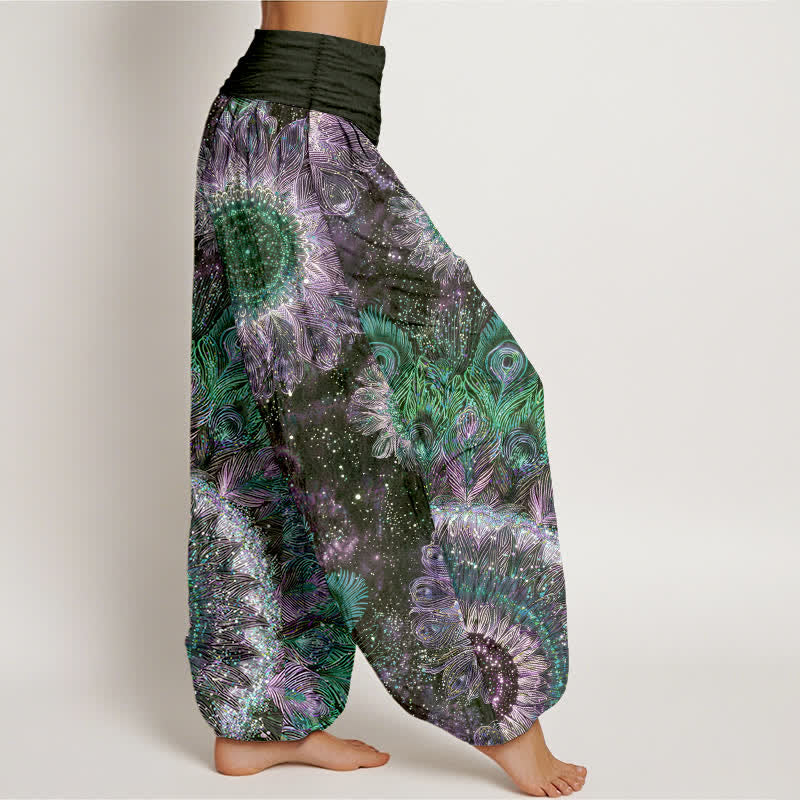 Nimara Ritual Cotton Peacock Feather Pattern Women's Elastic Waist Harem Pants