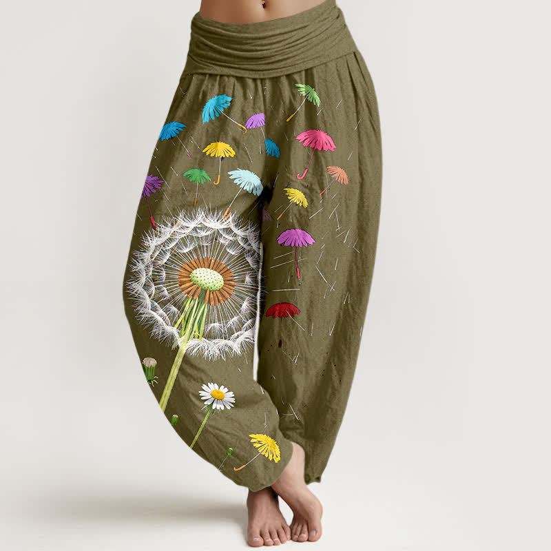 Nimara Ritual Pure Cotton Dandelion Bloom Pattern Women's Elastic Waist Harem Pants
