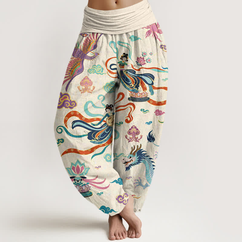 Nimara Ritual Cotton Dragon Phoenix Lotus Pattern Women's Elastic Waist Harem Pants