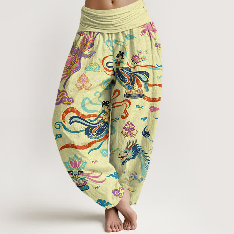Nimara Ritual Cotton Dragon Phoenix Lotus Pattern Women's Elastic Waist Harem Pants