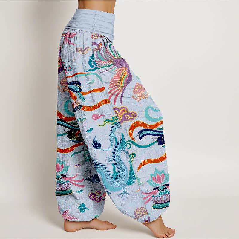 Nimara Ritual Cotton Dragon Phoenix Lotus Pattern Women's Elastic Waist Harem Pants