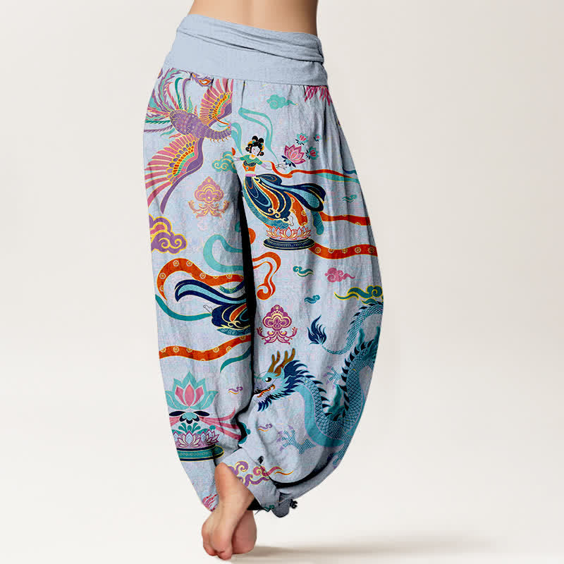 Nimara Ritual Cotton Dragon Phoenix Lotus Pattern Women's Elastic Waist Harem Pants
