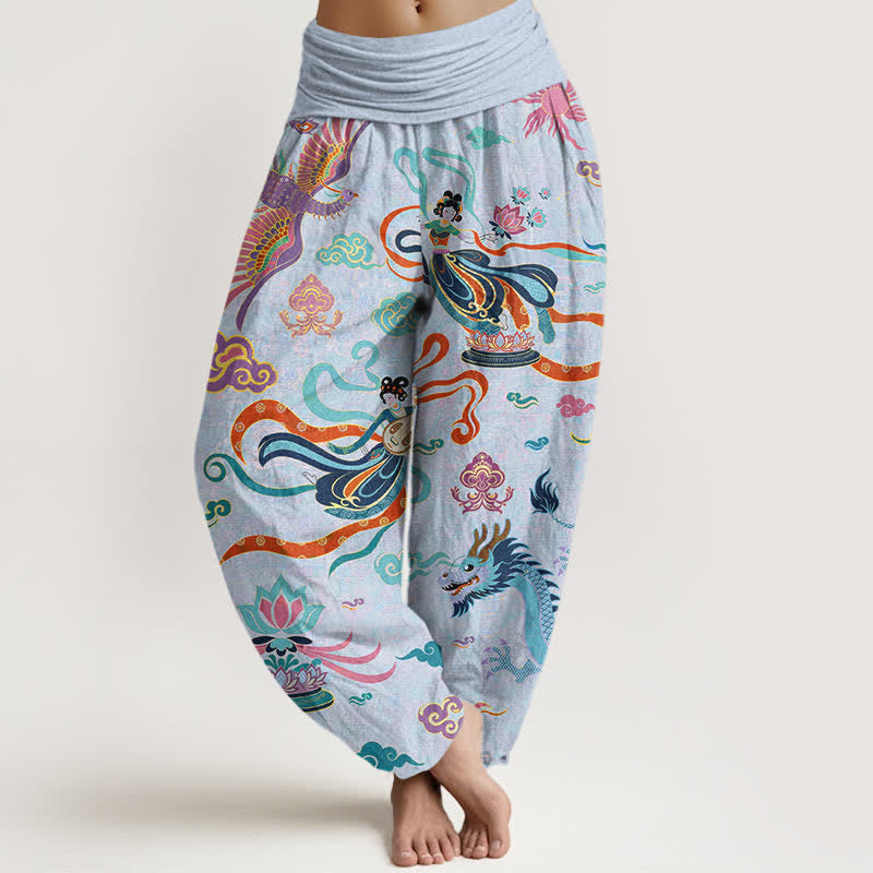 Nimara Ritual Cotton Dragon Phoenix Lotus Pattern Women's Elastic Waist Harem Pants