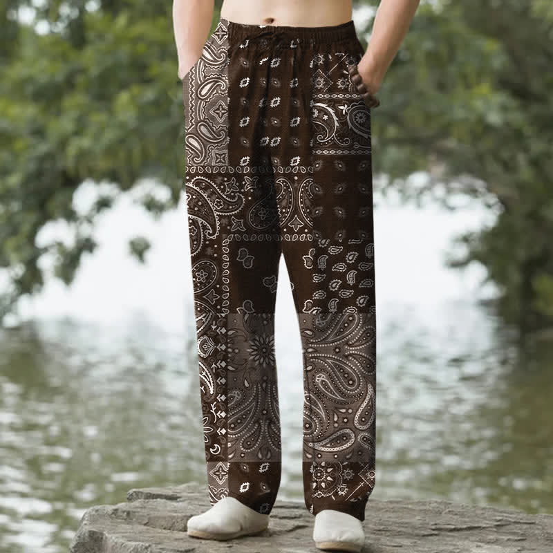 Nimara Ritual Cotton Splicing Paisley Pattern Men's Tapered Pants With Pockets