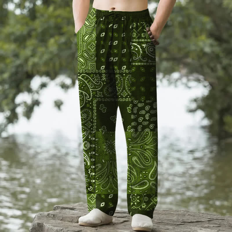 Nimara Ritual Cotton Splicing Paisley Pattern Men's Tapered Pants With Pockets