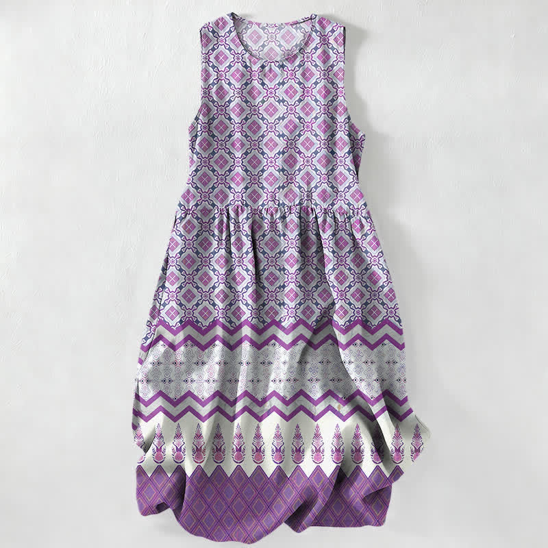 Nimara Ritual Summer Casual Bohemian Geometric Floral Pattern Women's Summer Sleeveless Midi Dress With Pockets