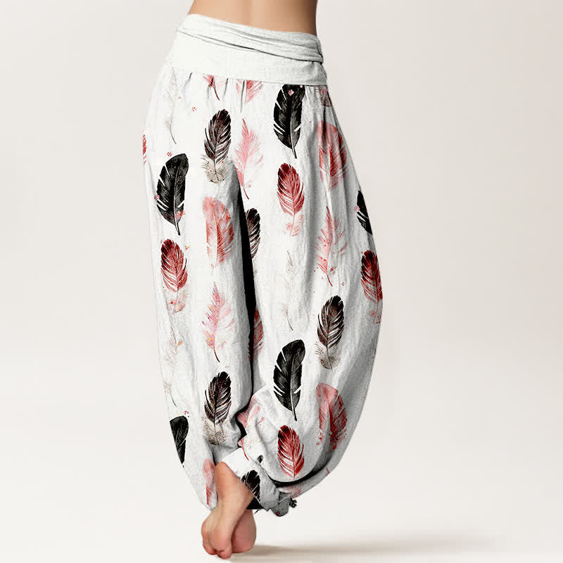 Nimara Ritual Pure Cotton Feather Pattern Women's Elastic Waist Harem Pants