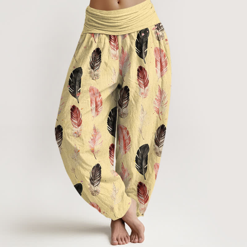 Nimara Ritual Pure Cotton Feather Pattern Women's Elastic Waist Harem Pants