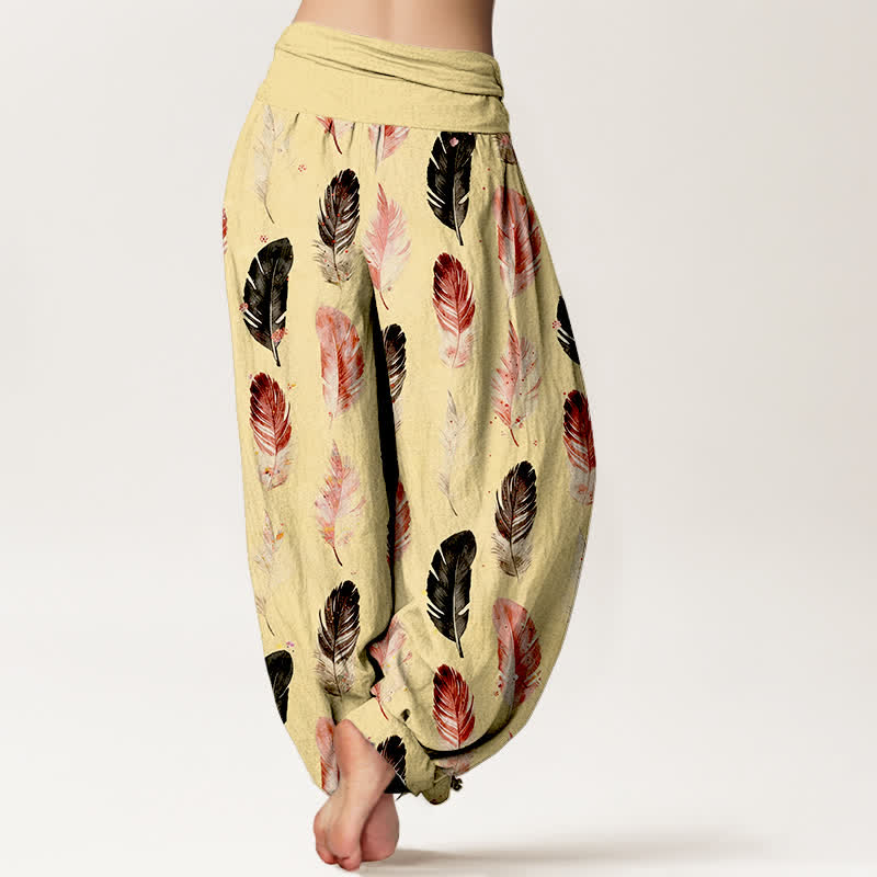Nimara Ritual Pure Cotton Feather Pattern Women's Elastic Waist Harem Pants