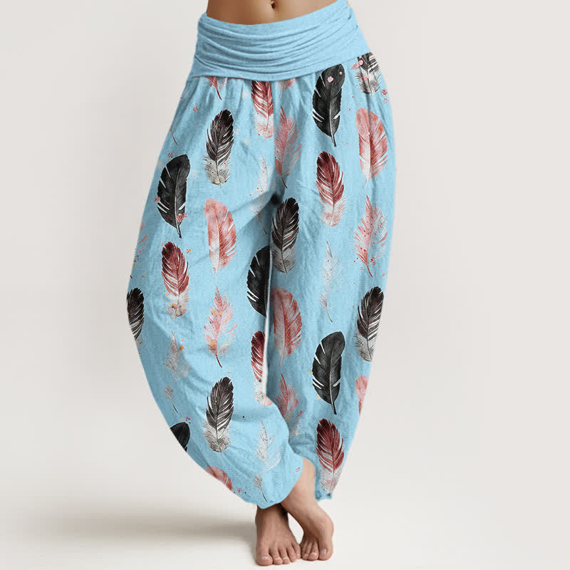 Nimara Ritual Pure Cotton Feather Pattern Women's Elastic Waist Harem Pants