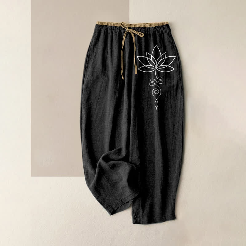 Nimara Ritual Pure Cotton Zen Lotus Pattern Women's Elastic Waist Pants With Pockets