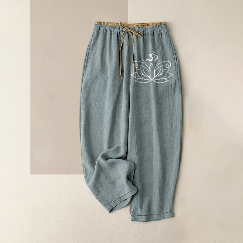 Nimara Ritual Pure Cotton Lotus Pattern Women's Elastic Waist Pants With Pockets