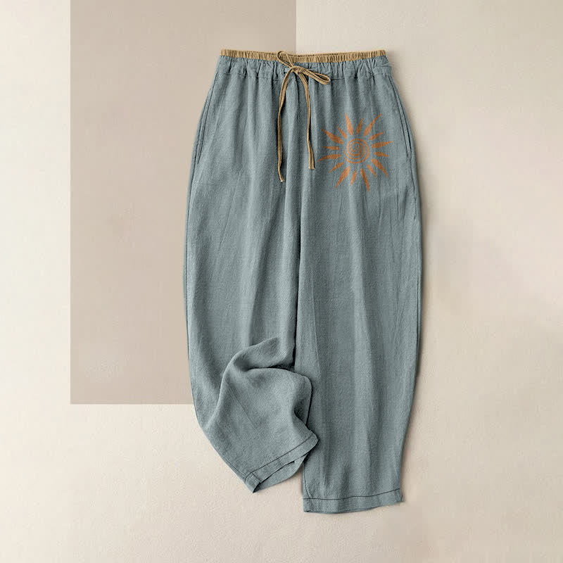 Nimara Ritual Cotton Boho Sun Swirl Pattern Women's Elastic Waist Pants With Pockets