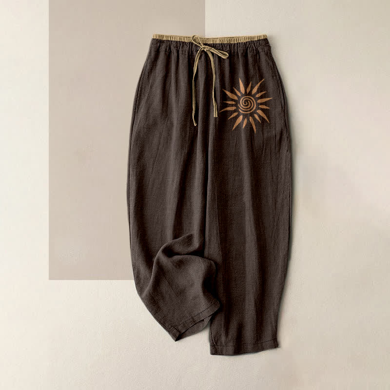 Nimara Ritual Cotton Boho Sun Swirl Pattern Women's Elastic Waist Pants With Pockets