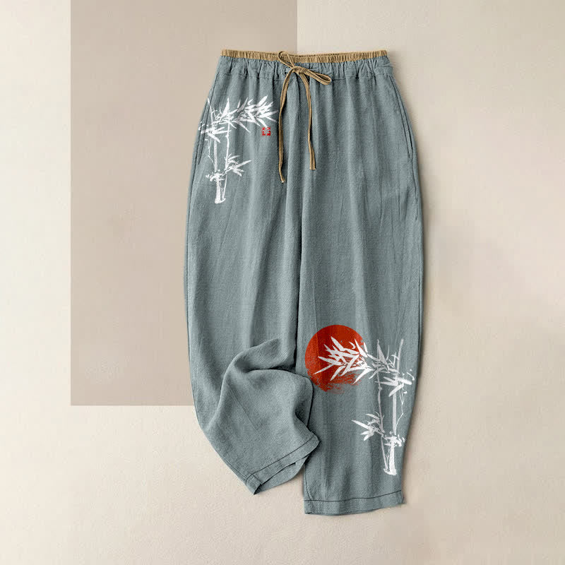Nimara Ritual Pure Cotton Ink Bamboo Red Sun Pattern Women's Elastic Waist Pants With Pockets