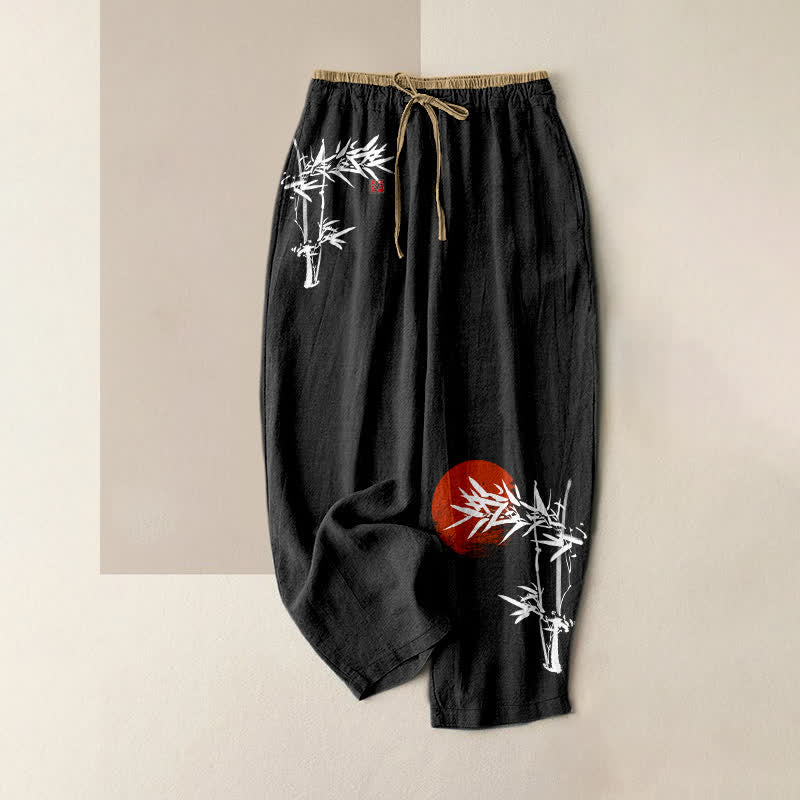 Nimara Ritual Pure Cotton Ink Bamboo Red Sun Pattern Women's Elastic Waist Pants With Pockets